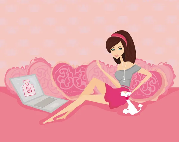 Shopping en ligne - jeune femme assise avec ordinateur portable — Image vectorielle