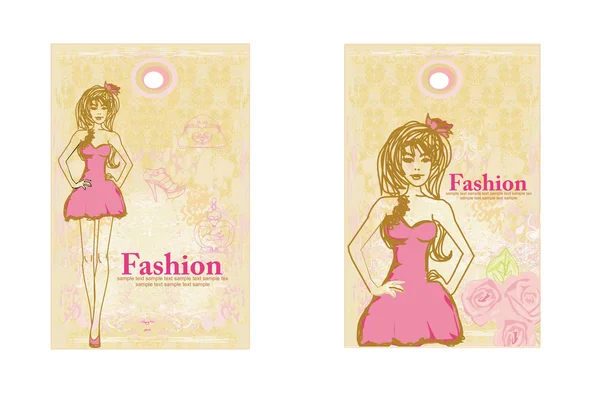 Trendiges Mädchen in einem kurzen Kleid auf floralem Hintergrund — Stockvektor