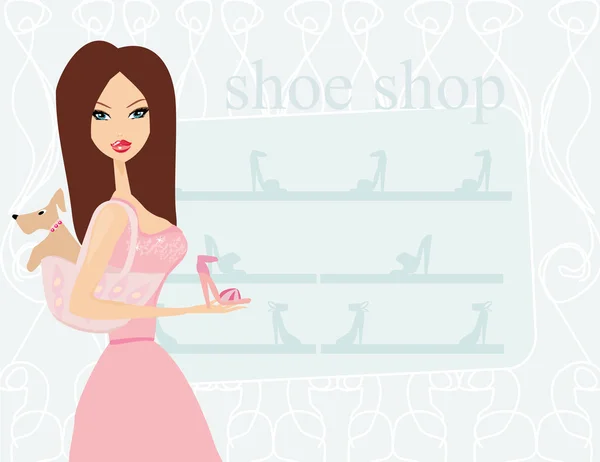 Moda menina compras na loja de sapatos — Vetor de Stock
