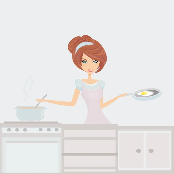Linda senhora cozinhar sopa e ovo — Vetor de Stock