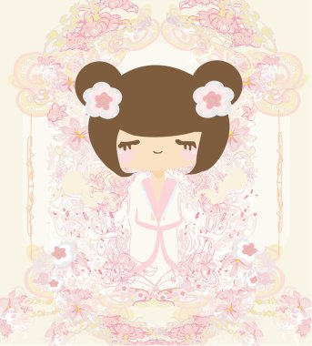 Kokeshi doll on the pink background with floral ornament clipart