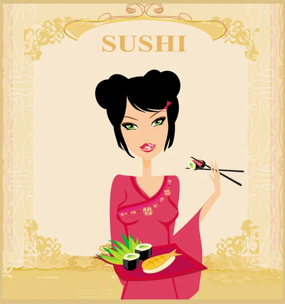 Bela menina asiática desfrutar de sushi - modelo de menu — Vetor de Stock