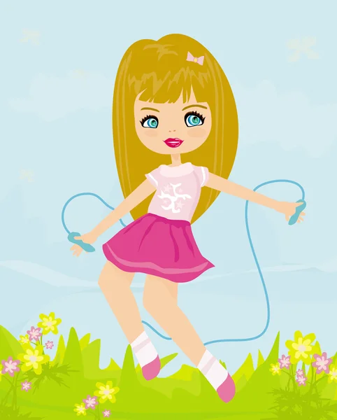 Mignonne petite fille jouer avec une corde à sauter dans la prairie — Image vectorielle
