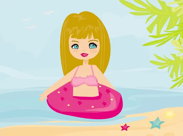 Sweet girl on circle in the water rescue at the Beach — Stock Vector