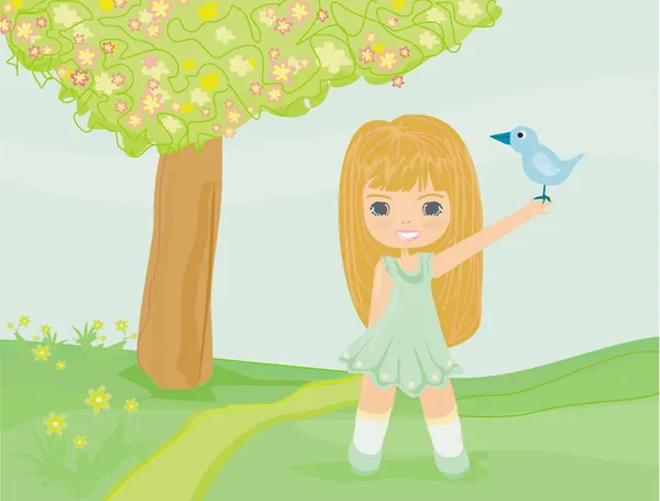 Doux printemps, petite fille avec un oiseau à la main — Image vectorielle