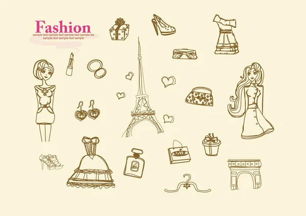 Paris moda doodles set — Vetor de Stock