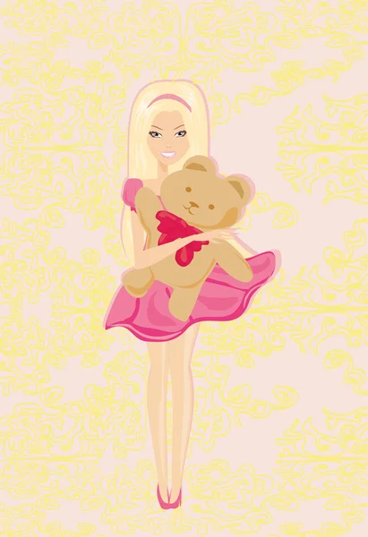 Tatlı küçük kız oyuncak ayıya sarılıyor. — Stok Vektör