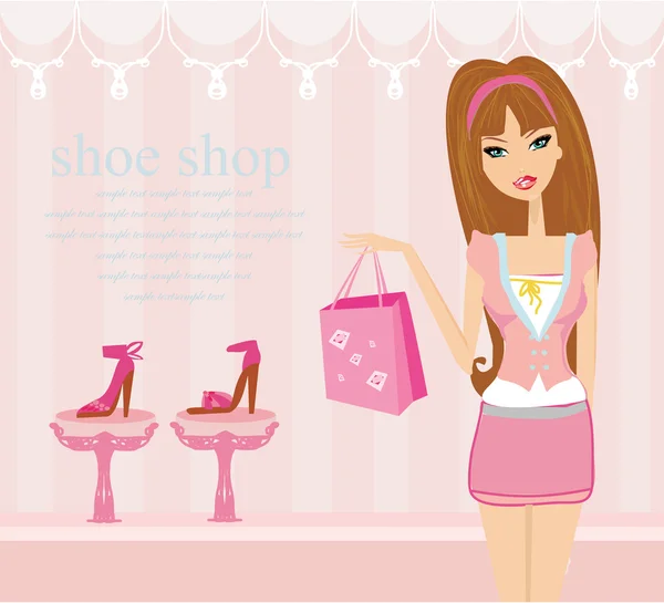 Moda ragazza shopping in negozio di scarpe — Vettoriale Stock