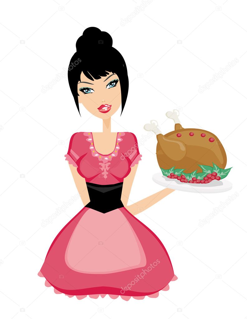 Beautiful Waitress serving a turkey