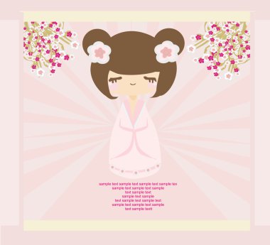 Kokeshi doll on the pink background with floral ornament clipart