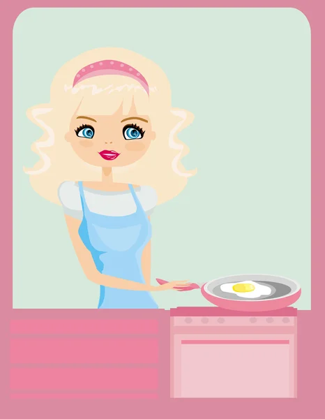 Hermosa señora cocinar huevo — Vector de stock