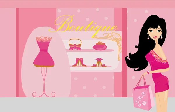 Fashion girl shopping in dresses shop , vector illustration — Stock Vector
