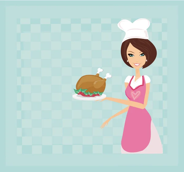 Femme au foyer servant un poulet — Image vectorielle