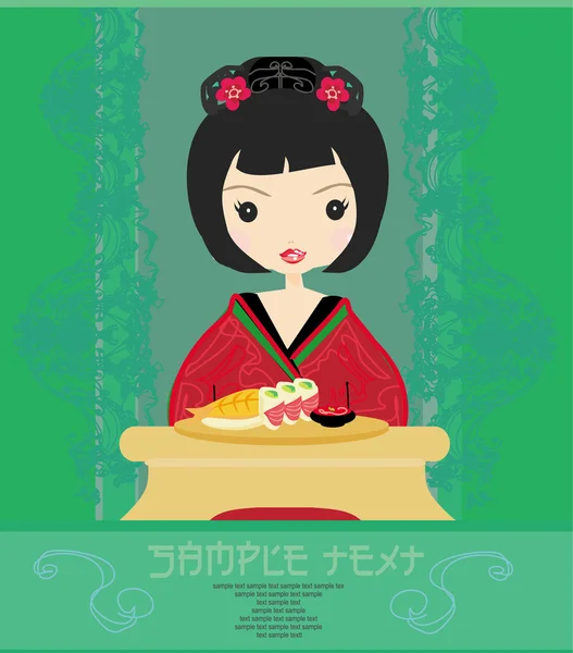 Mooi aziatisch meisje genieten sushi - menu sjabloon — Stockvector