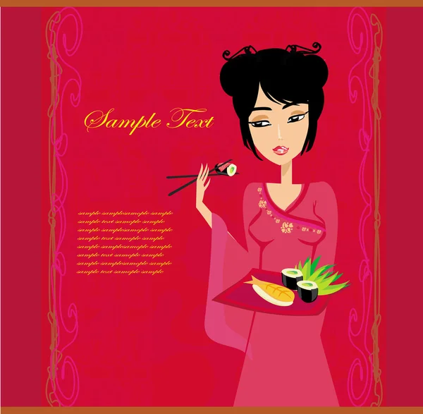Hermosa chica asiática disfrutar de sushi - plantilla de menú — Vector de stock