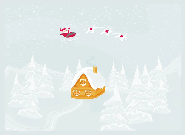 Feliz ano novo cartão com Santa e paisagem de inverno — Vetor de Stock