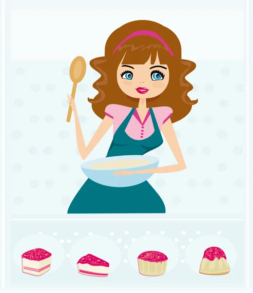 Beautiful girl cooking cakes — Stock Vector