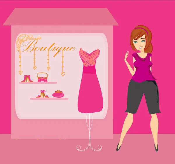 stock vector Full lady chooses dresses