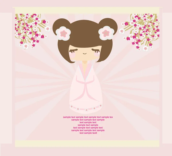 Bambola Kokeshi sullo sfondo rosa con ornamento floreale — Vettoriale Stock