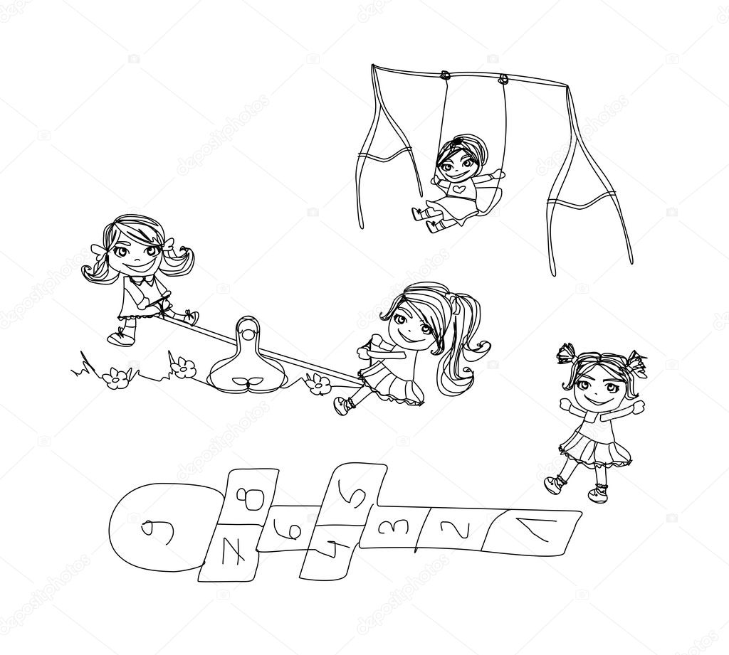 Little kids play on the playground - doodles set