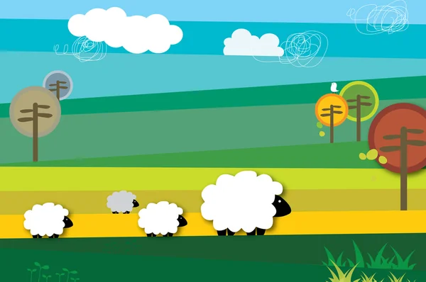 Cuatro ovejas atraviesan el campo Vector De Stock
