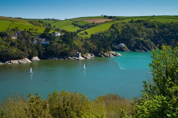 Yachts on the River Dart in Devon where it meets the sea — Stock Photo, Image