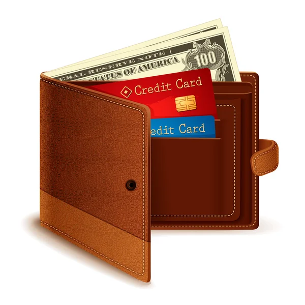Cartão de crédito e nota de dólar na carteira —  Vetores de Stock