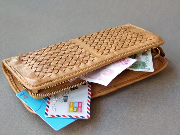Δερμάτινο πορτοφόλι με χρήματα και κάρτες Εικόνα Αρχείου
