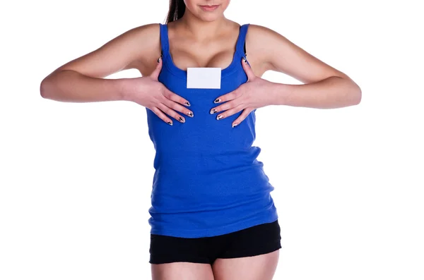 Hot girl in blue t-shirt hold her breast — Stock Photo, Image
