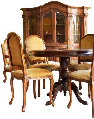 Old classic wooden furniture with handmade woodcarvings clipart