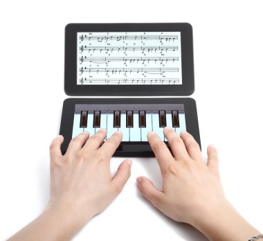 Virtual piano with two hands playing clipart