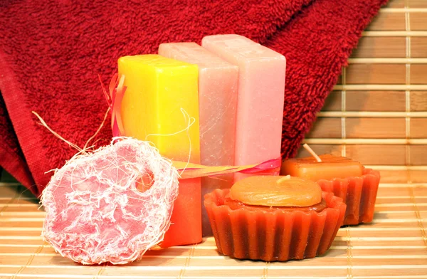 Handmade Soap, candles and towel closeup — Stock Photo, Image
