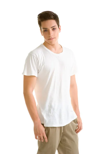 stock image Young boy in white t-shirt and brown pants