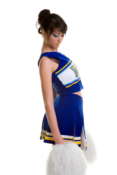 Beautifull young brunette cheerleader in blue suit — Stock Photo, Image