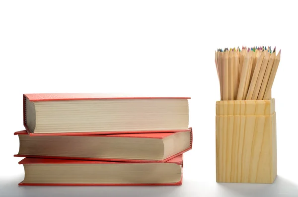 Renkli kurşun kalem ve kitap kutu. okula dönüş — Stok fotoğraf