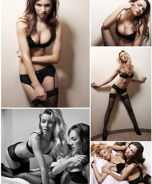 Collage von Modebildern einer schönen jungen Frau in Unterwäsche — Stockfoto