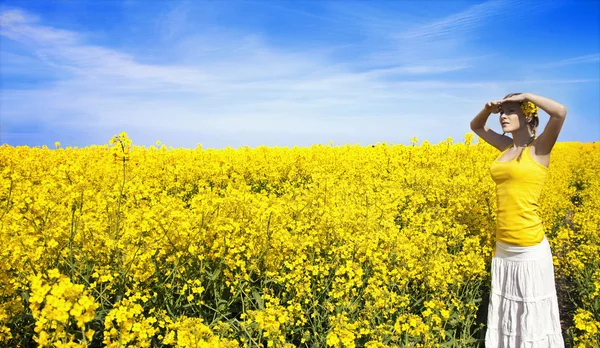황금 풀밭에서 편안한 젊은 비즈니스 우먼 — 스톡 사진