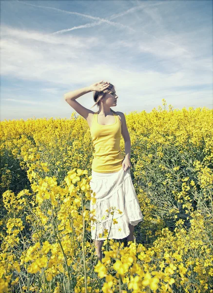 Jovem mulher de negócios relaxante no prado dourado — Fotografia de Stock
