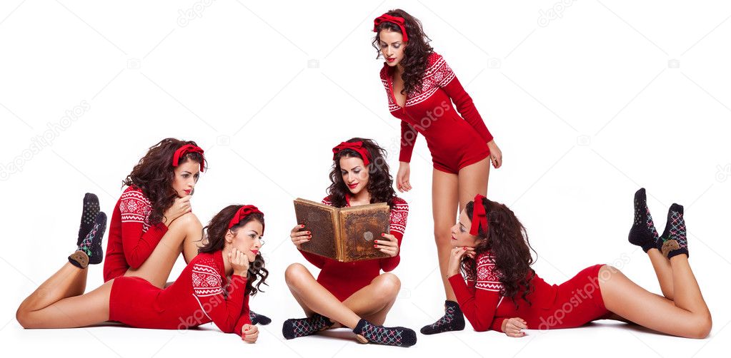 Young beautiful brunette reading a book of her clones on white background