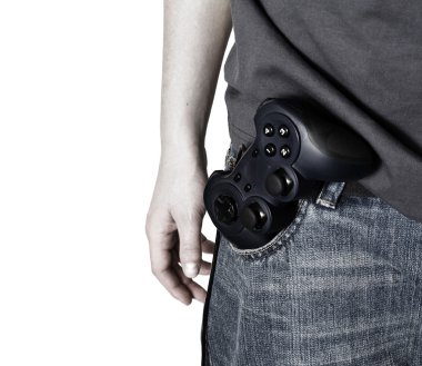 Male hand hold video game controller like a gun clipart