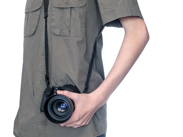 Retrato de fotógrafo, isolado sobre branco — Fotografia de Stock