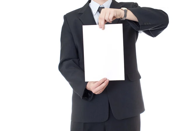 Geschäftsmann hält klares Blatt Papier auf weißem Hintergrund — Stockfoto