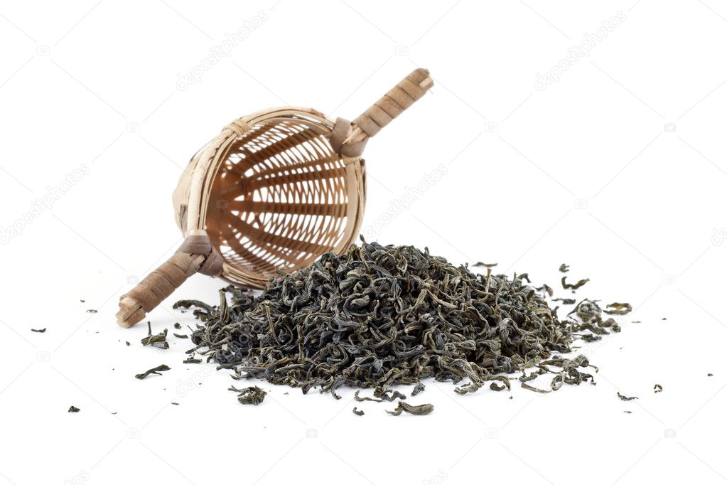 Green tea with sieve isolated on white
