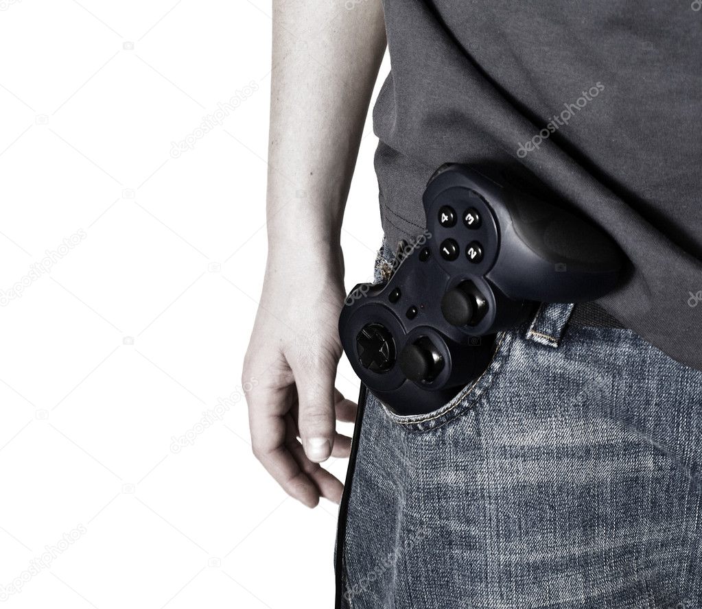 Male hand hold video game controller like a gun