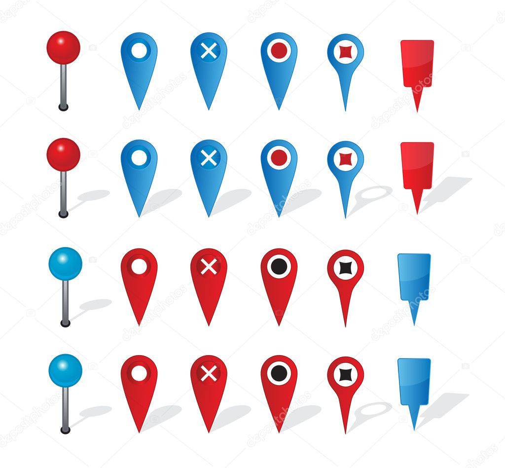 Group of map navigation icons and pin