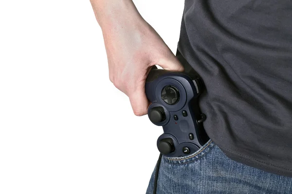 男性的手按住枪一样的视频游戏控制器 — 图库照片