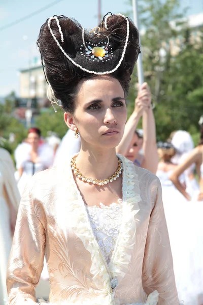 stock image Boom brides. A woman in bridal dress of the Middle Ages.