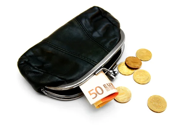 Purse, gold coins and money on white background. — Stock Photo, Image