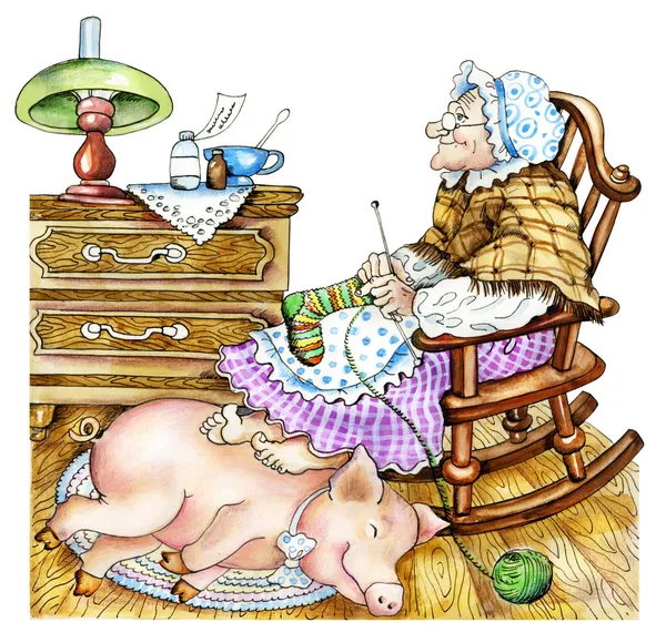 Granny met een varken — Stockfoto