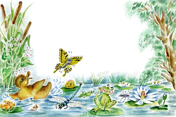 蝴蝶、 小鸭和青蛙 — 图库照片